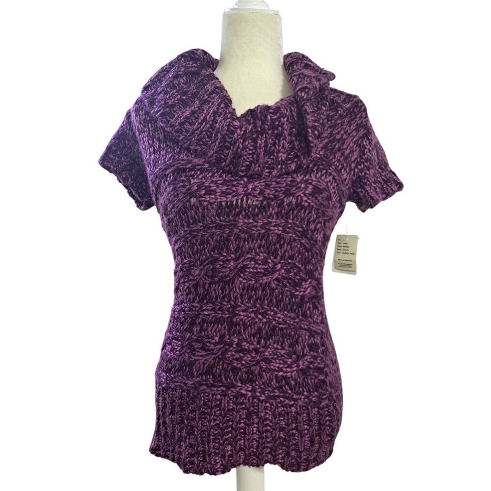 At Last New York Women's Teen Chunky Knit Purple Short Sleeve Tunic Cowl Neck L